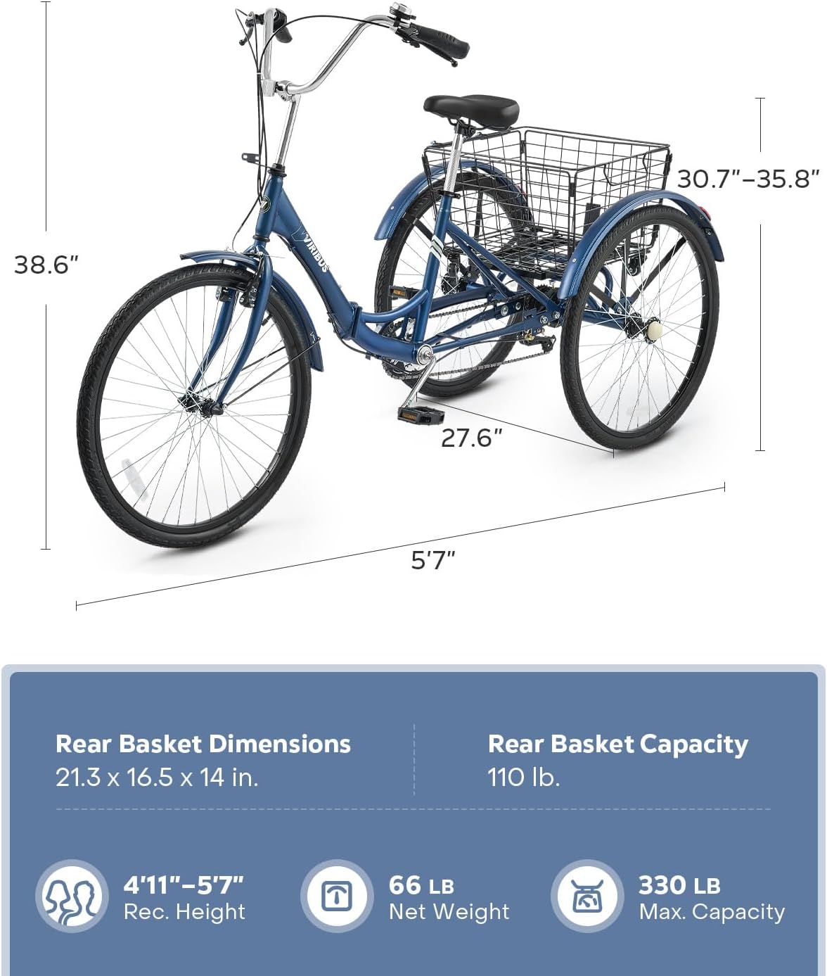 VIRIBUS Folding Tricycle for Adults, 7 Speed Foldable Adult Tricycle with Removable Wheeled Basket, Folding 3 Wheel Bikes for Women Men Seniors 24 26 inch, Collapsible Three Wheeler Trike 330 LB.
