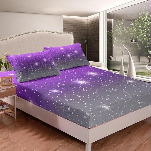 Miniatura 6 de Sábana bajera ajustable con purpurina degradada para niñas, tamaño matrimonial, sábanas de galaxia arcoíris para niños y mujeres, juego de ropa de