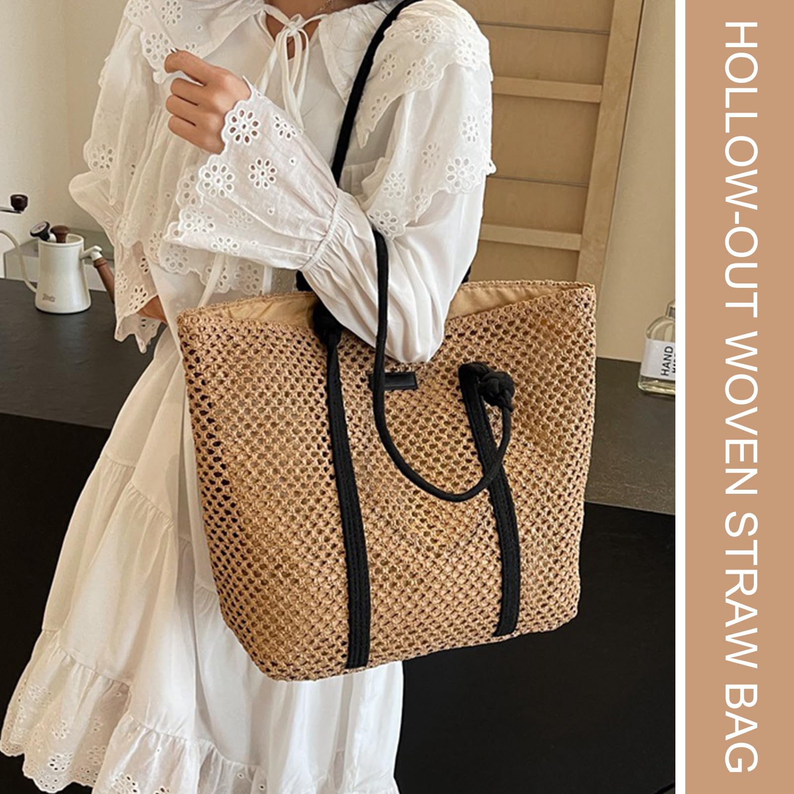 Sac en Paille à Bandoulière pour Femmes - Grand Format Tissé et Crocheté, Pour Plage et Vacances d'Été