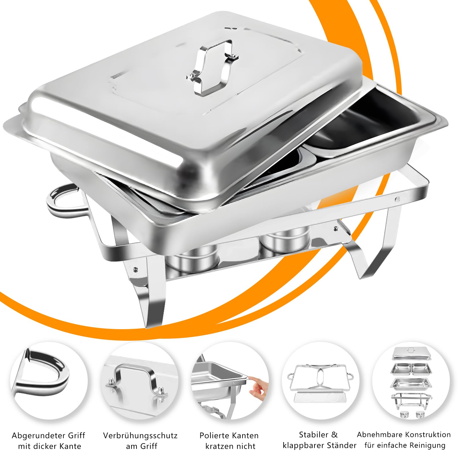 Chafing Dish Profi Set, 4 Stück, 8 x GN 1/2 | Mit halbgroßen Lebensmittelbehältern, Wärmebehälter für Catering, Für Buffet und Hochzeitsfeste, Speisenwärmer Set