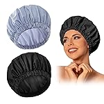 Reusable Shower Cap for Women, Large Waterproof Shower Bonnet Washable Elastic Band Bath Accessories Hair Hat for Long Hair, Braids(Black&Gray)