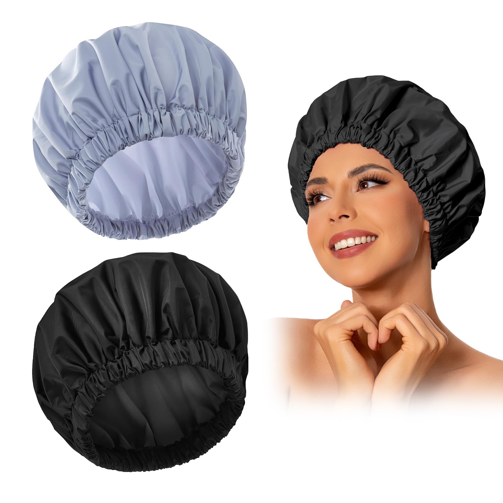 Edoneery Shower Caps for Women Reusable Waterproof, Shower Hair Cap | Washable Bonnet, Wide Elastic Band, Large Fit, Holds Long Hair, Braids Friendly, Bath Accessories, Spa, Travel Black&Gray