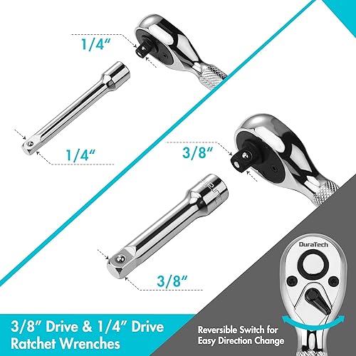Miniatura 5 de DURATECH Juego de 56 piezas de llave de trinquete de 1/4 de pulgada y juego de puntas de destornillador, juego de trinquete rechoncho, trinquetes de