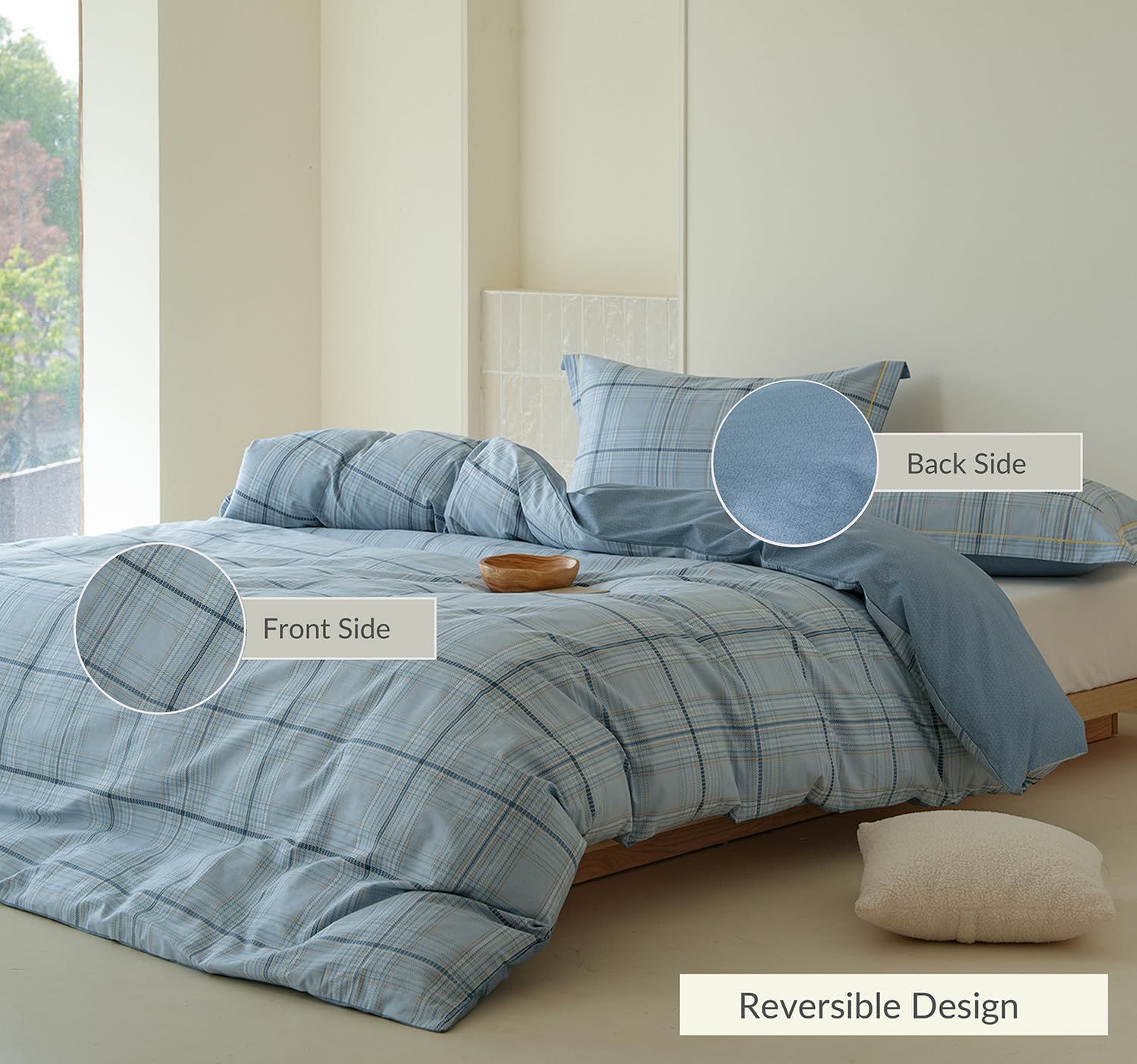 Blue Plaid Comforter Set 3 Pieces - 100% Cotton Grid Gingham Pattern Reversible Comforter Queen Size, Soft and Hypoallergenic Bedding Set