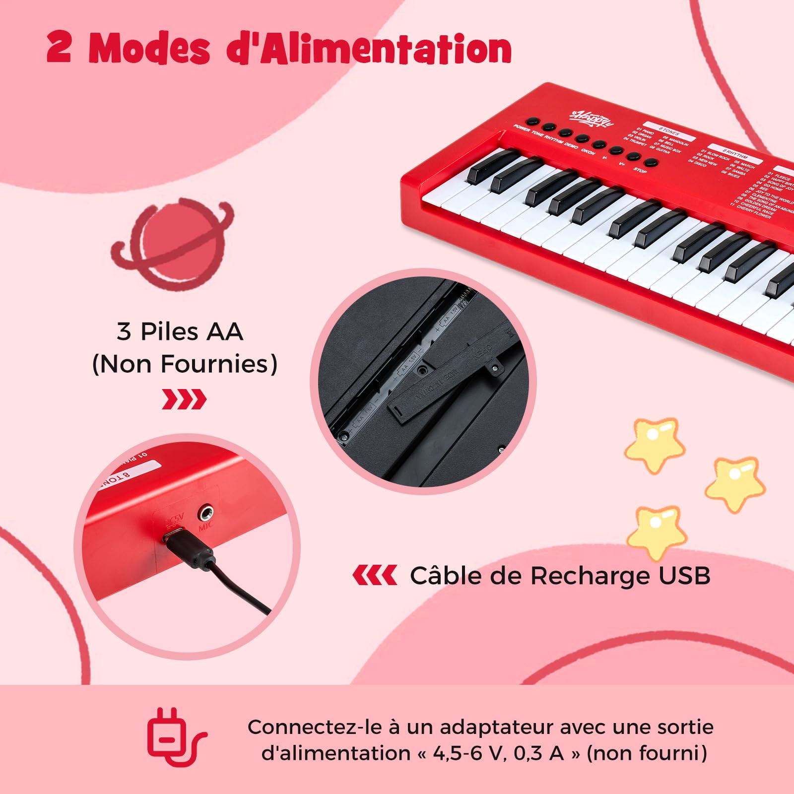 COSTWAY Clavier Piano Enfants 37 Touches avec Microphone, Piano Numérique Portable avec 8 Rythmes, 8 Tonalités, 22 Démos, Haut-parleurs, Jouet Musical Éducatif pour Garçons Filles 3 Ans+ (Rouge)