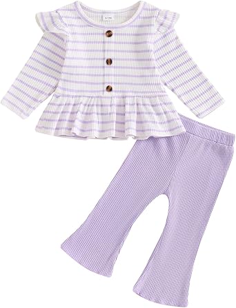 Toddler Baby Girls Outfits Ribbed Long Sleeve Ruffle Hem Tops + Flared Pants Sets 2Pcs Infant Fall Winter Clothes