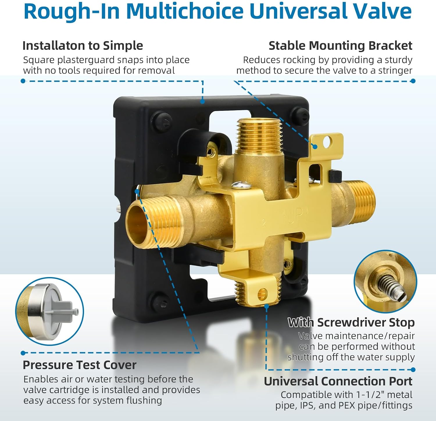 R10000-UNWS Shower Valve Replacement for Delta MultiChoice Universal Valve, 4-Port 1/2 Inch Universal Connection with Screwdriver Stops, Brass Construction