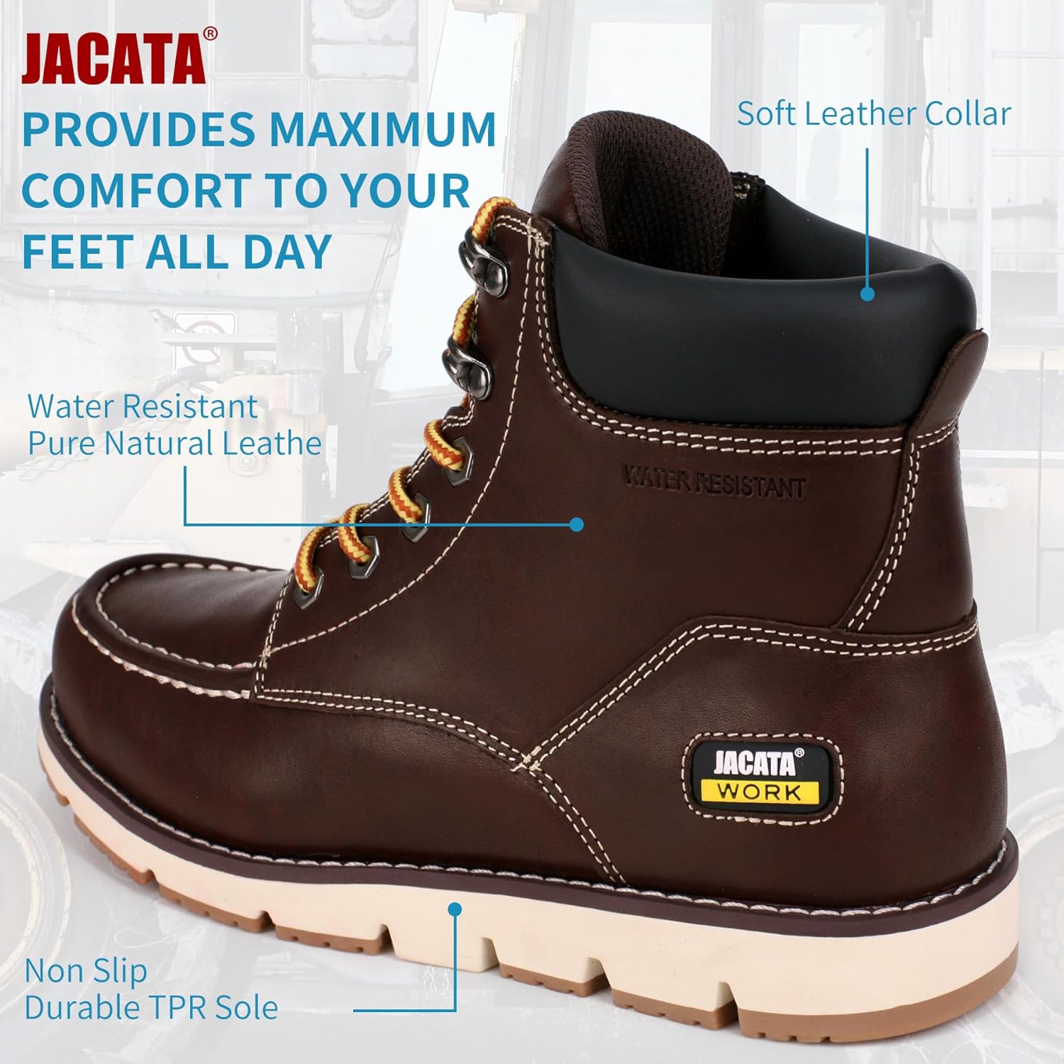 Jacata Mens Work Boots Moc Toe Wedge Botas De Trabajo Para Hombre Soft Toe Non Slip Industrial Construction Leather Boots/Shoes For Men Women - Image 2