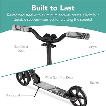 Best Choice Products Kick Scooter for Kids Ages 8+ Teens & Adults, Foldable Large Wheel Scooter with Suspension, Adjustable Handlebars, ABEC-9 Bearings, Lightweight Scooter for Boys & Girls - Black