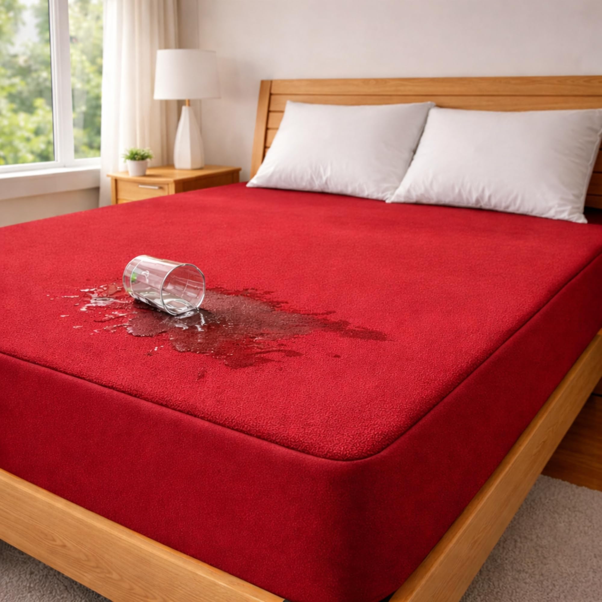 Mattress Protector King Size, Terry Cotton Waterproof Bed Protector King Size, 78x72x8 Inch, Breathable Noiseless Ultra Soft, Elastic Fitted Mattress Cover | Bed Cover (Red)-image-40