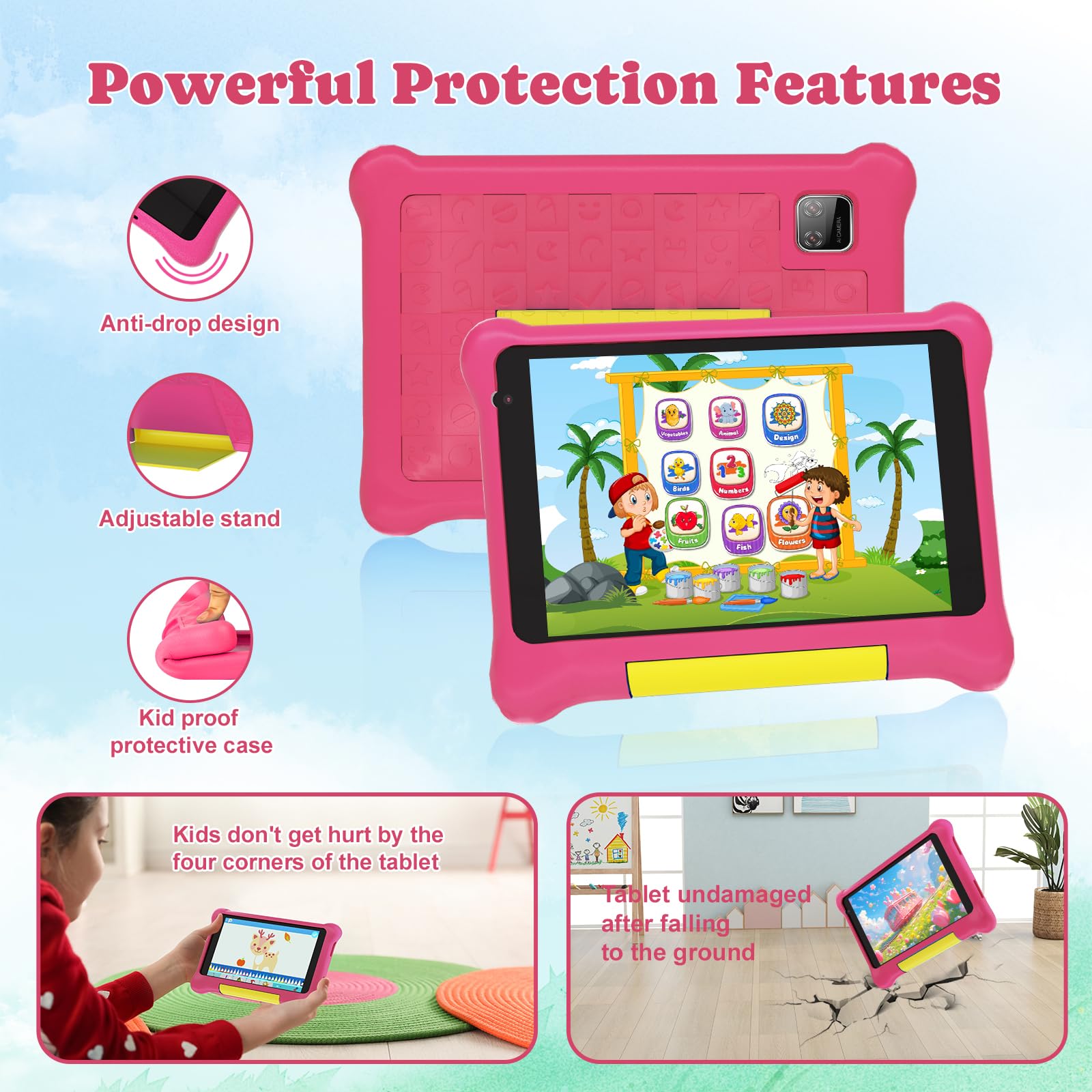 Kinder Tablet 7 Zoll – 5 GB RAM + 32 GB ROM, Erweiterbar Auf 128 GB, Mit Kindersicherung, Augenschutz-Zertifizierung, Blaue Schutzhülle, Type-C
