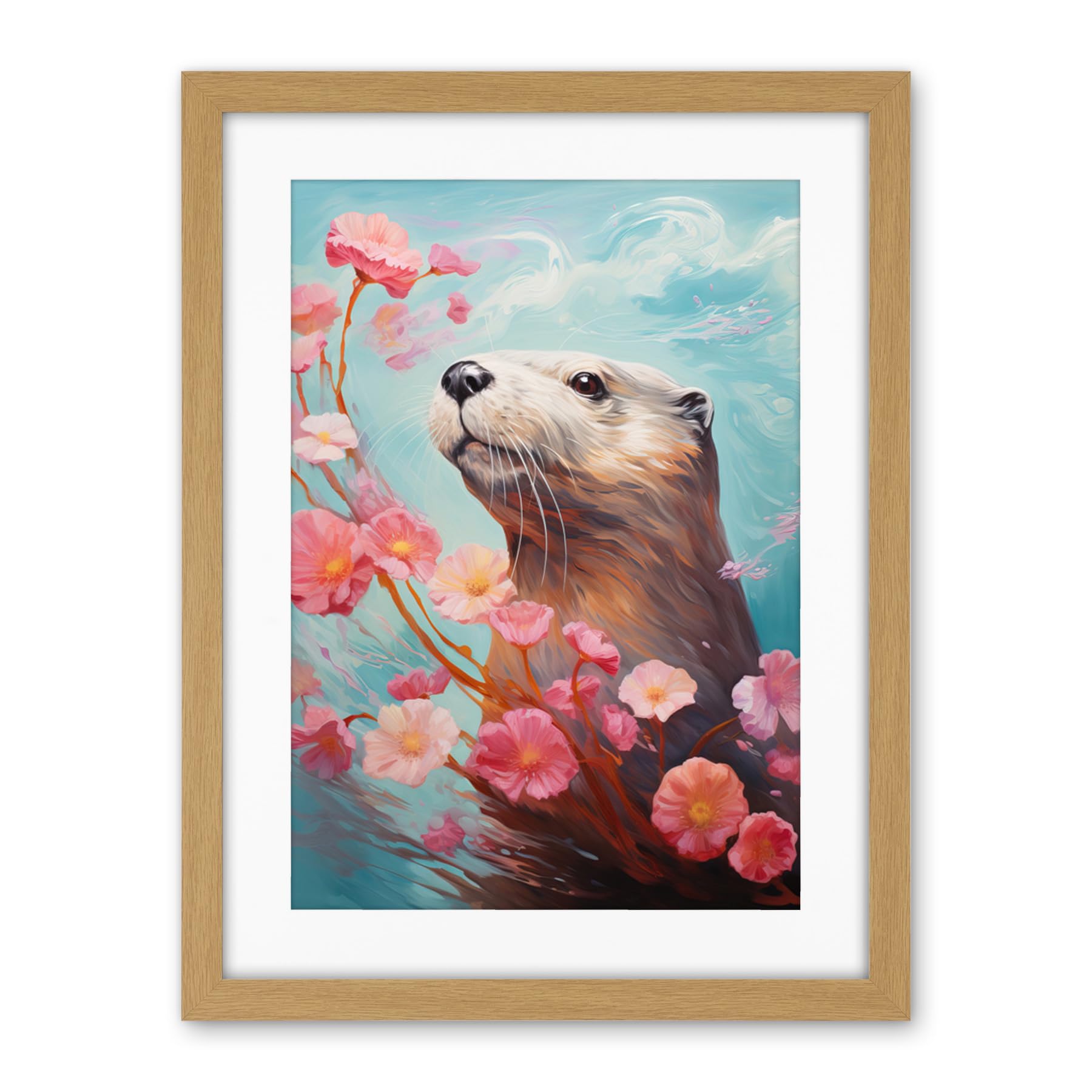 Artery8 Otter with a Pink Cherry Blossom Branch Elegant Oil Painting Floating on Lake Water with Flowers Artwork Framed Wall Art Print 18X24 Inch