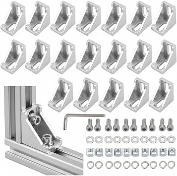 20Pcs 2020 Aluminum Extrusion Silver Bracket with Screws Kit,2028 Corner Bracket L Shape Frame Joint Hardware Connector for V/T-Slot Aluminum Profiles Accessories