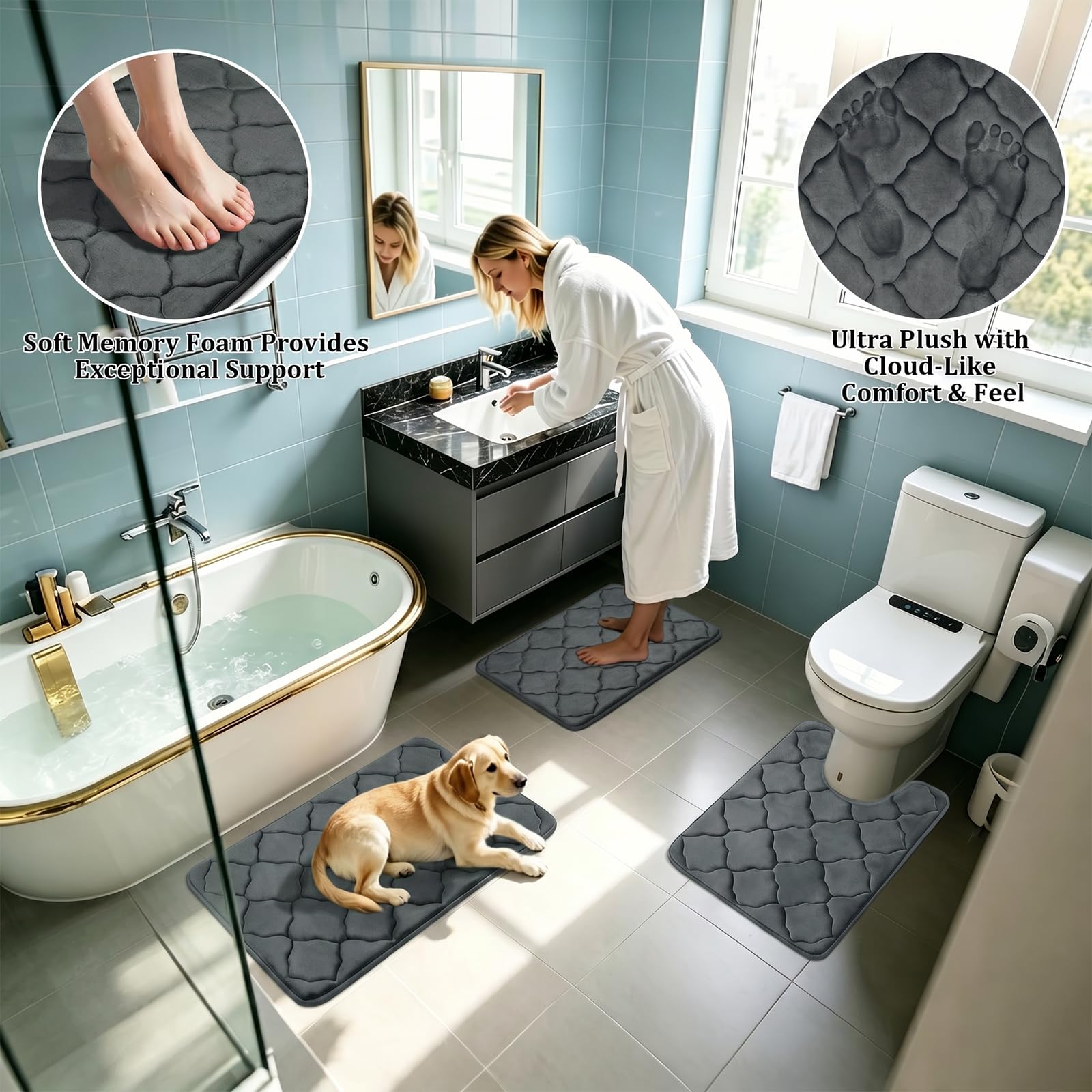 Set di 3 tappetini da bagno antiscivolo ultra morbidi, lavabili in lavatrice, assorbenti, ideali per il pavimento del bagno, la doccia e come tappeto (grigio scuro)