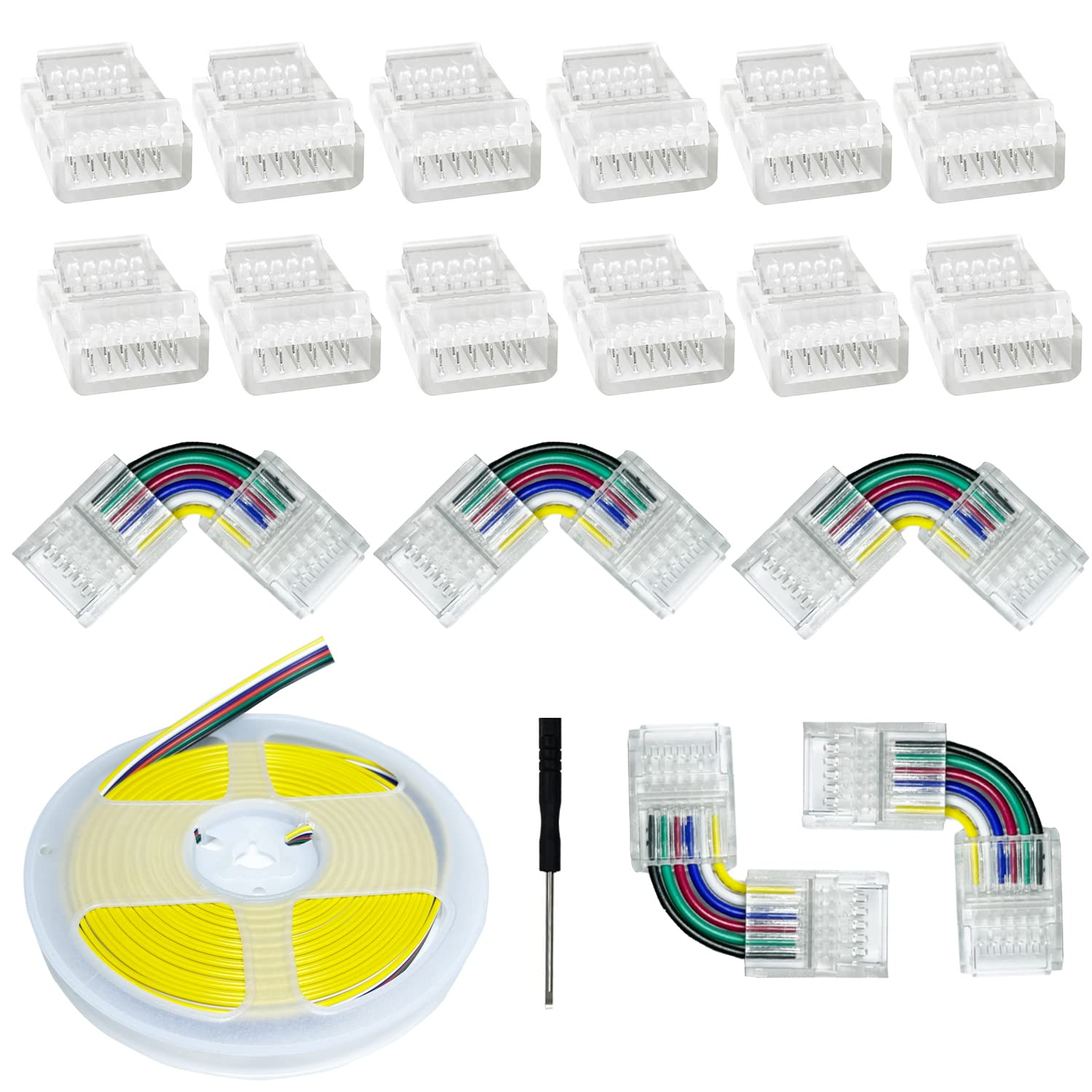 Connecteurs LED 6 broches 12 mm - Sans soudure - Transparents avec cordons 16,4 m