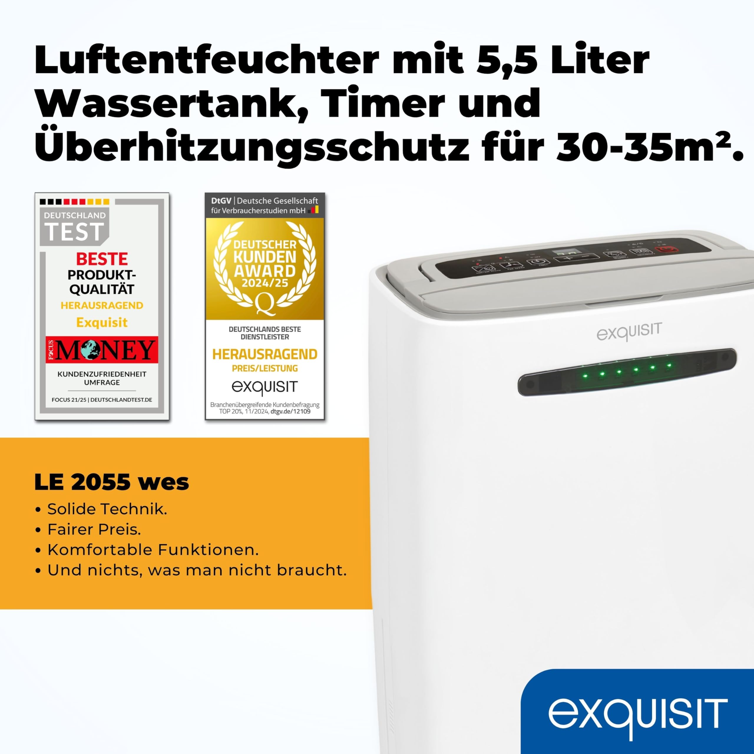 Exquisit Mobiler Luftentfeuchter, 5,5 Liter Wassertank, 400 Watt, 180m³/h, Timer, Für 30-35m², Betriebs-LED, Kindersicherung, Neustart-Funktion, LE 2055 wes