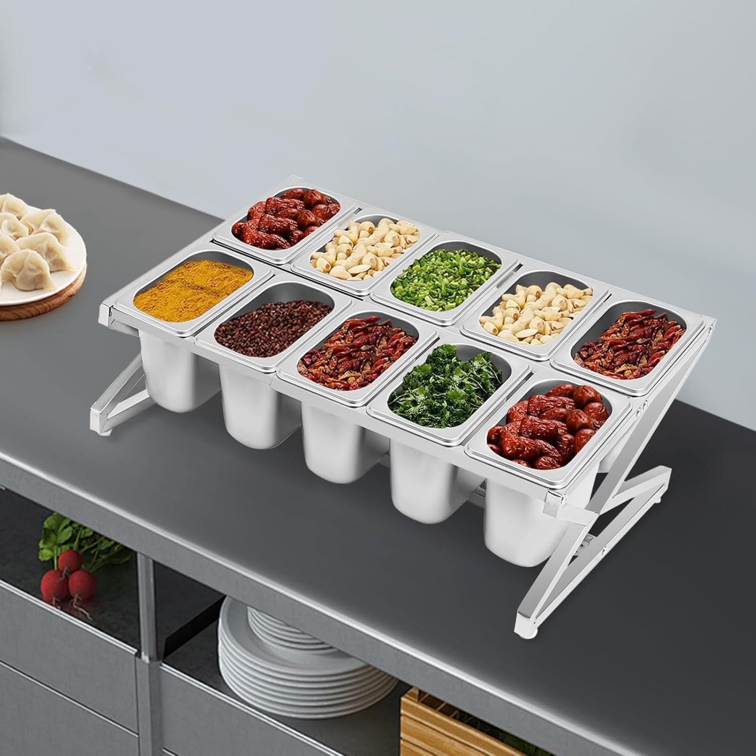 Étagère à épices extensible en acier inoxydable – Support de comptoir commercial avec 6/8/10 casseroles et couvercle pour assaisonner les sauces, confitures, fruits et ingrédients