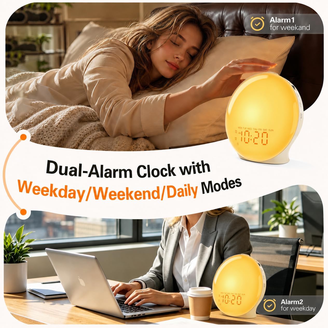 JALL Réveil lumineux plein écran pour chambre à coucher, machine à bruit blanc pour les dormeurs lourds, 25 sons naturels, double alarme, radio FM, 17 couleurs à intensité variable, haut-parleur