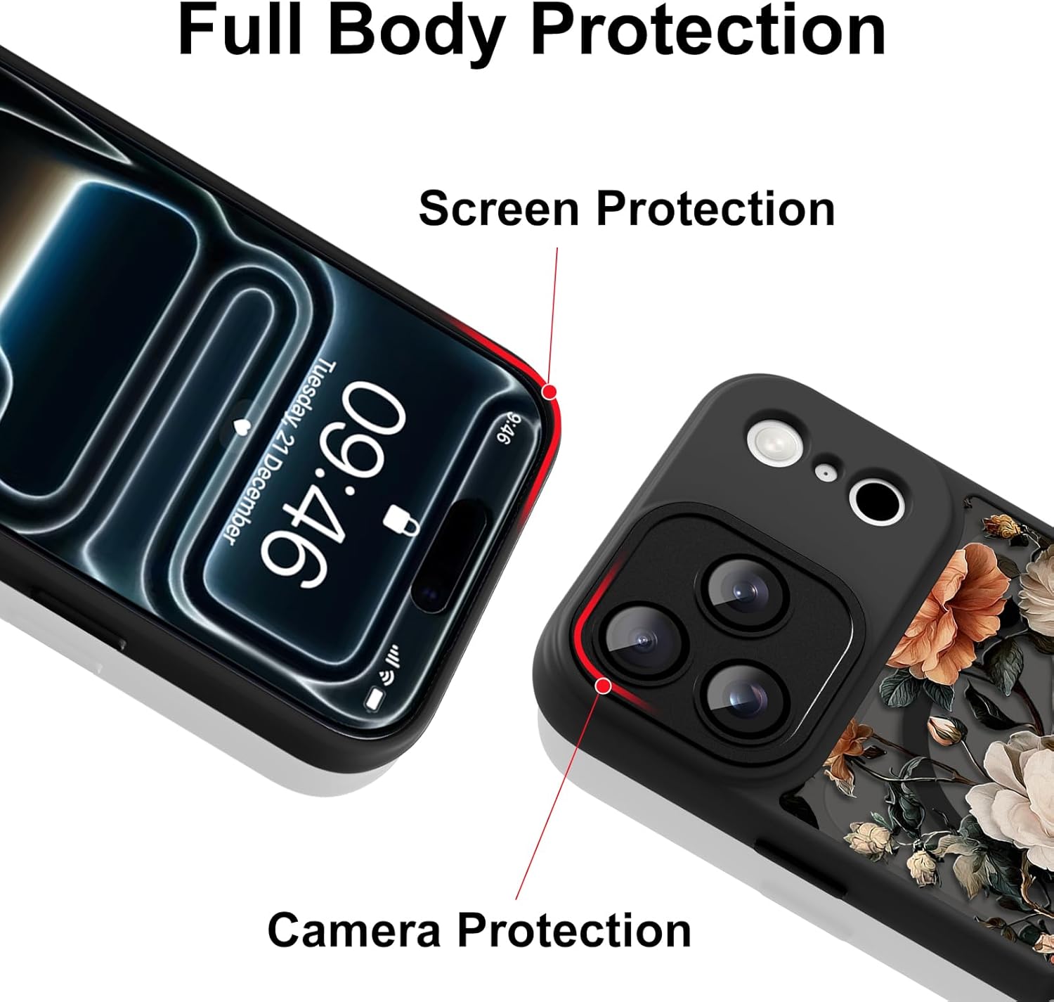 Magnetic for iPhone 17 Pro Max Case, Compatible with Magsafe, Pretty Rose Peony Floral Pattern for Women Girls, Full Camera Protection, Translucent Matte Phone Cover, Black