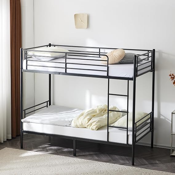 Twin Over Twin Bunk Bed, Single over Single Loft Bed Frame with Ladder and Safety Guardrail, Space Saving High Sleeper Beds for Kids Teens Adults (Black)