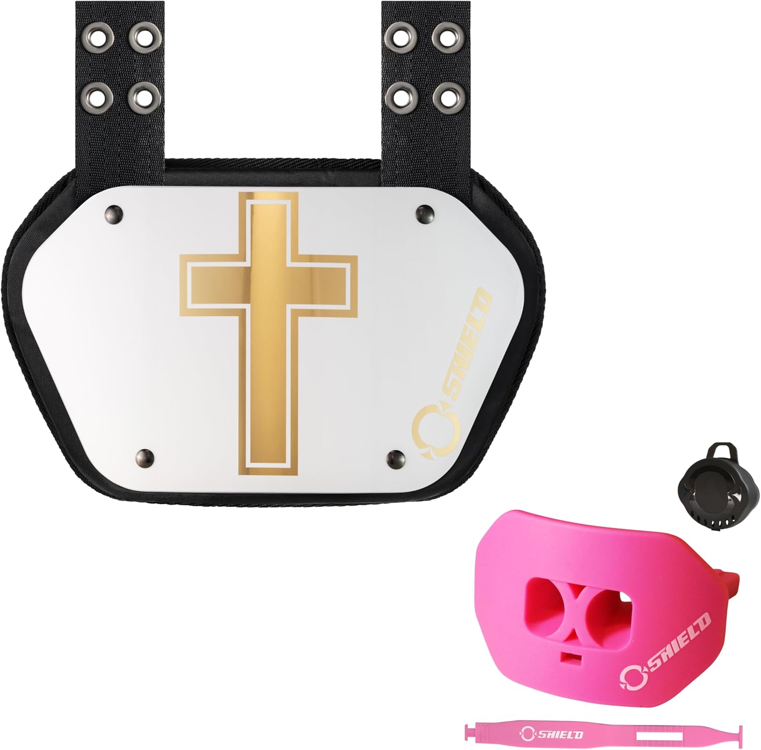 O Shield Holy Cross Black Football Backplate with Pink Mouth Guard, Backplate Football with Mouthguard, Sold by Package, Adult Fit