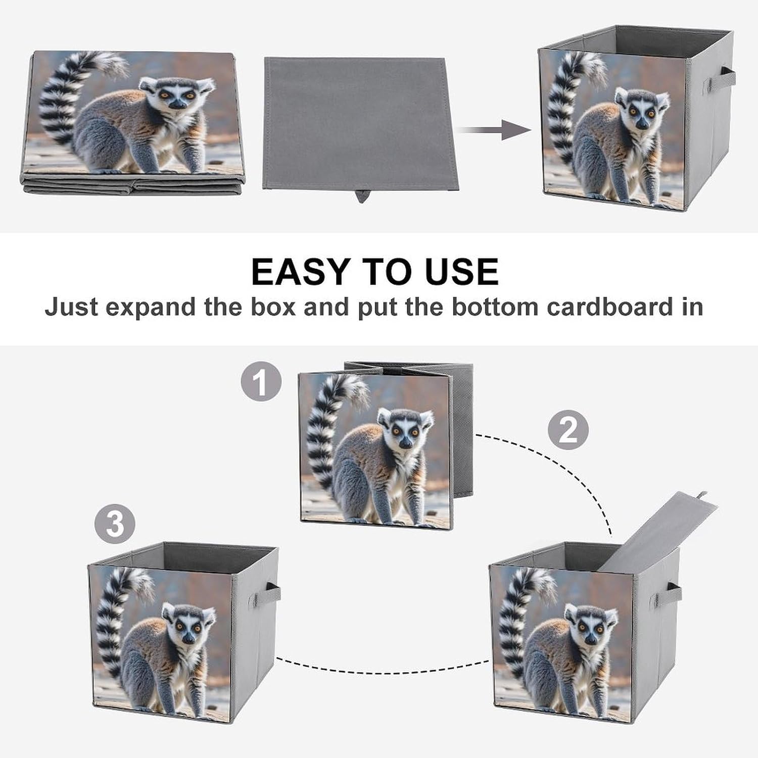 Folding Storage Bins Oxford Fabric Clothes Storage Boxes with Handles | Tailed Lemur Cube Organizer, Easy to Store, Multi Functional Cube Storage Organizer for Office Bedroom