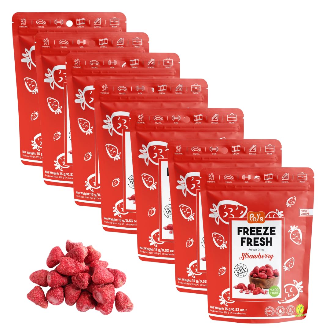 POL'S FREEZE FRESH Gefriergetrocknete Erdbeeren 100% ganze Erdbeeren, Obst Chips Erdbeere, ohne Zuckerzusatz, vegan, laktosefrei, glutenfrei, 7er Pack (7 x 15 g)