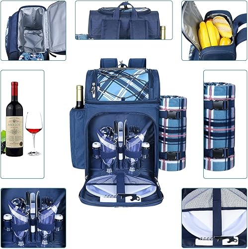 Miniatura 27 de Hap Tim Mochila de canasta de pícnic, soporte para vino, manta de forro de vellón y juego de cubiertos, perfecta para la playa, viajes de día, Gris