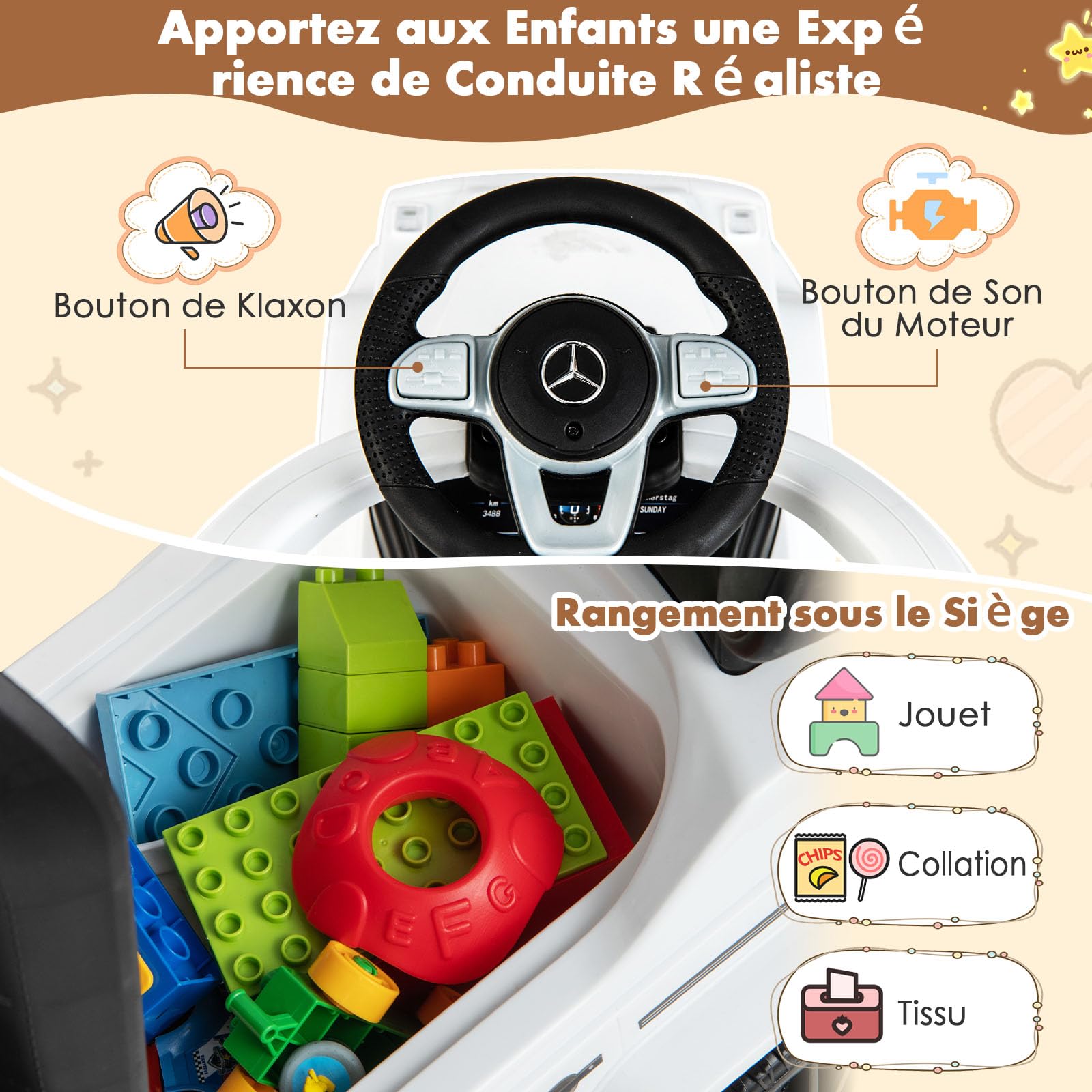 DREAMADE Porteur Bebe 12-36 Mois sous Licence Mercedes Benz, Voiture Poussée avec Poignée de Poussée, Auvent Ajustable, Repose-Pieds Extensible, Klaxon, Son de Démarrage, Rangement (Blanc DREAMADE Porteur Bebe 12-36 Mois sous Licence Mercedes Benz, Voiture Poussée avec Poignée de Poussée, Auvent Ajustable, Repose-Pieds Extensible, Klaxon, Son de Démarrage, Rangement (Blanc