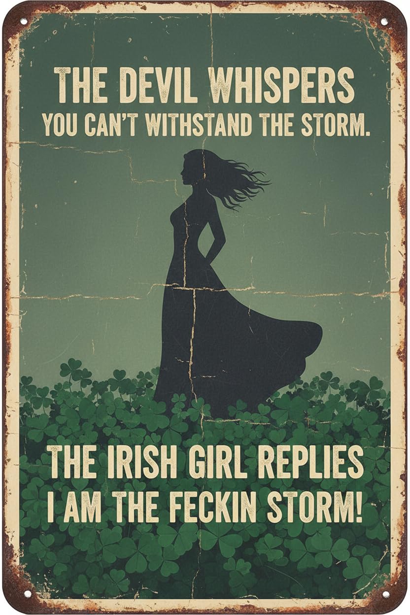 The Devil Whispers You Can't Withstand The Storm The Irish Girl Replies I Am The Feckin Storm Retro Metal Tin Sign Vintage Sign For Home Coffee Wall Decor 8x12 Inch Signs Aluminum Plates Printed