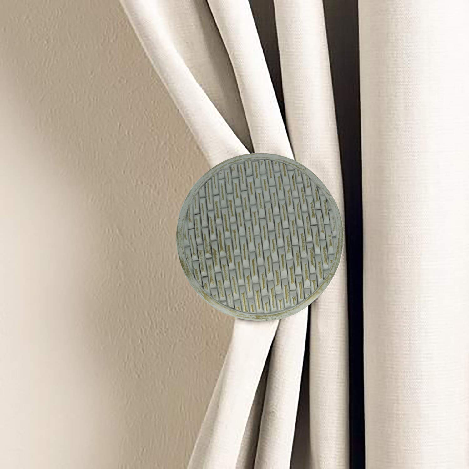 MERIVILLE Set of 2 Woven Window Drapery Medallion Holdbacks, Curtain Tiebacks, Wall Hook, Tassel Holder, French White