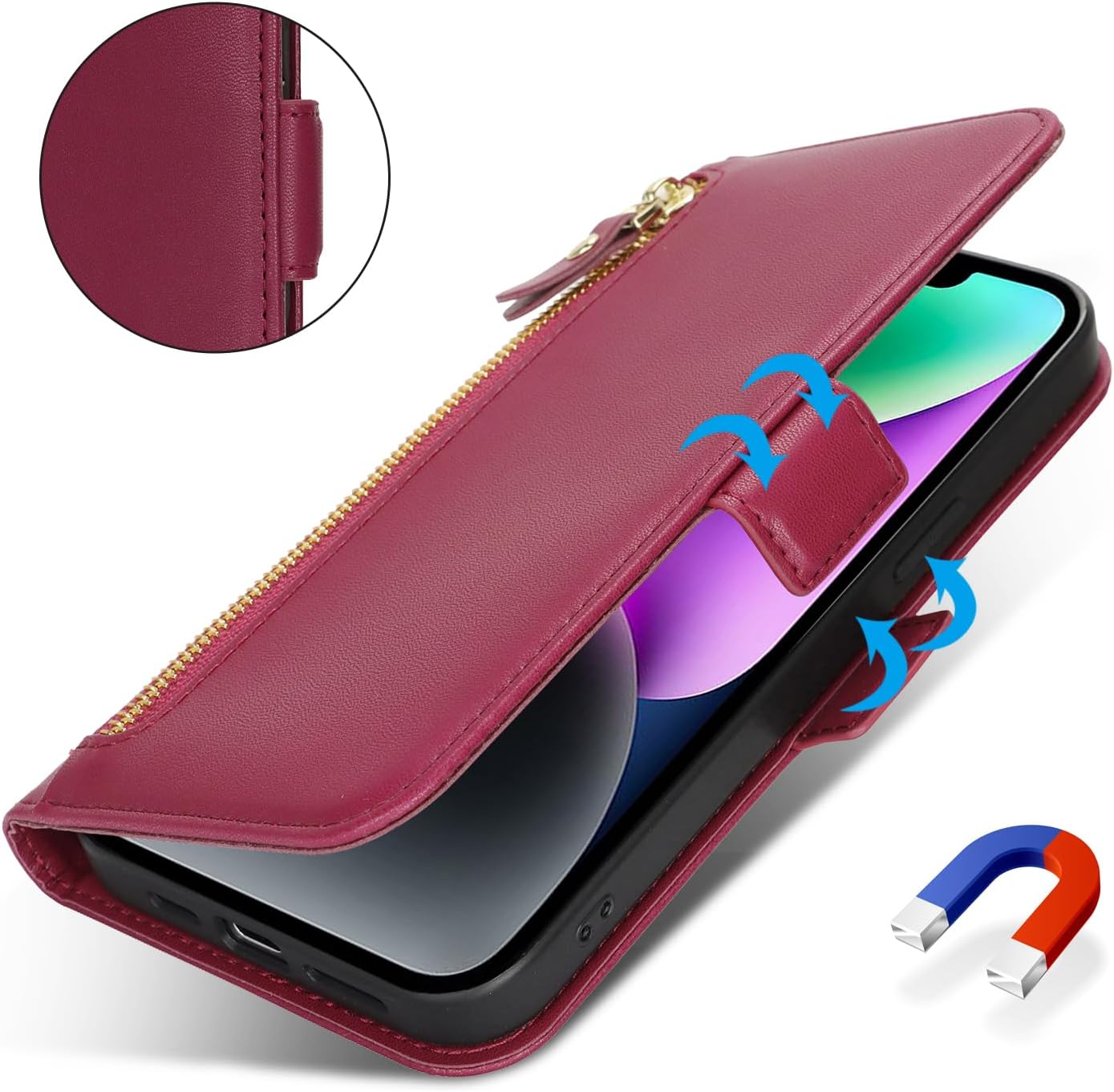 Ｈａｖａｙａ for iPhone 13 case with Card Holder Zipper for Women Men iPhone 14 case Wallet Flip Folio Credit Card Slots Stand Shockproof PU Leather Phone Cover(6.1")-Rose Red
