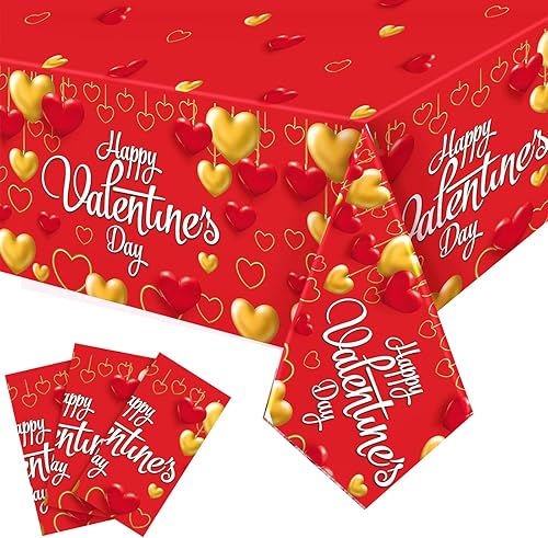 WovWeave 3 manteles de plástico para el día de San Valentín, para fiesta de San Valentín, diseño de corazón rojo, feliz día de San Valentín,