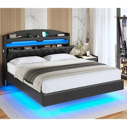 ADORNEVE Floating Bed Frame Full with Hidden Storage Headboard, Floating LED Bed Frame with Charging Station, Upholstered Leather Platform Bed with Storage, No Box Spring Needed, Black