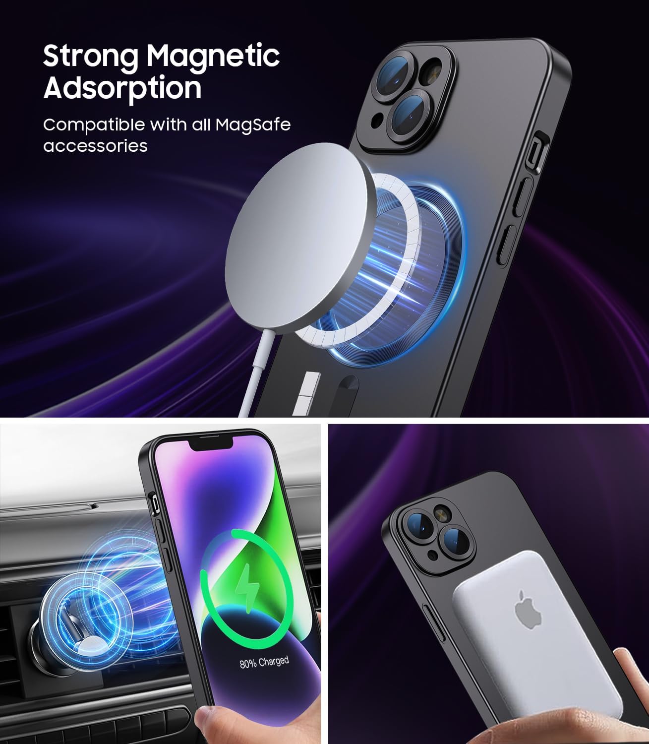 Magnetic for iPhone 14 Case [Compatible with MagSafe][Built-in Camera Lens Protector] Slim Soft Silicone Bumper Shockproof Metallic Luster Phone Case (Black) - Image 2