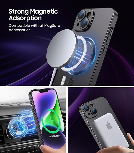 LEKEVO Magnetic for iPhone 15 Case [Compatible with MagSafe][Built-in Camera Lens Protector] Slim Soft Silicone Bumper Shockproof Metallic Shine Phone Case (Black)