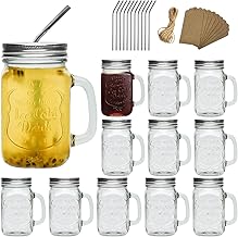 Mason Jars with Handle,16 OZ Old Fashioned Drinking Jars,Clear Mason Mugs Drinking Glass Cups with Lids and Straws Set of 12 for Beverages,Mixed Drinks,Soda,Kombucha