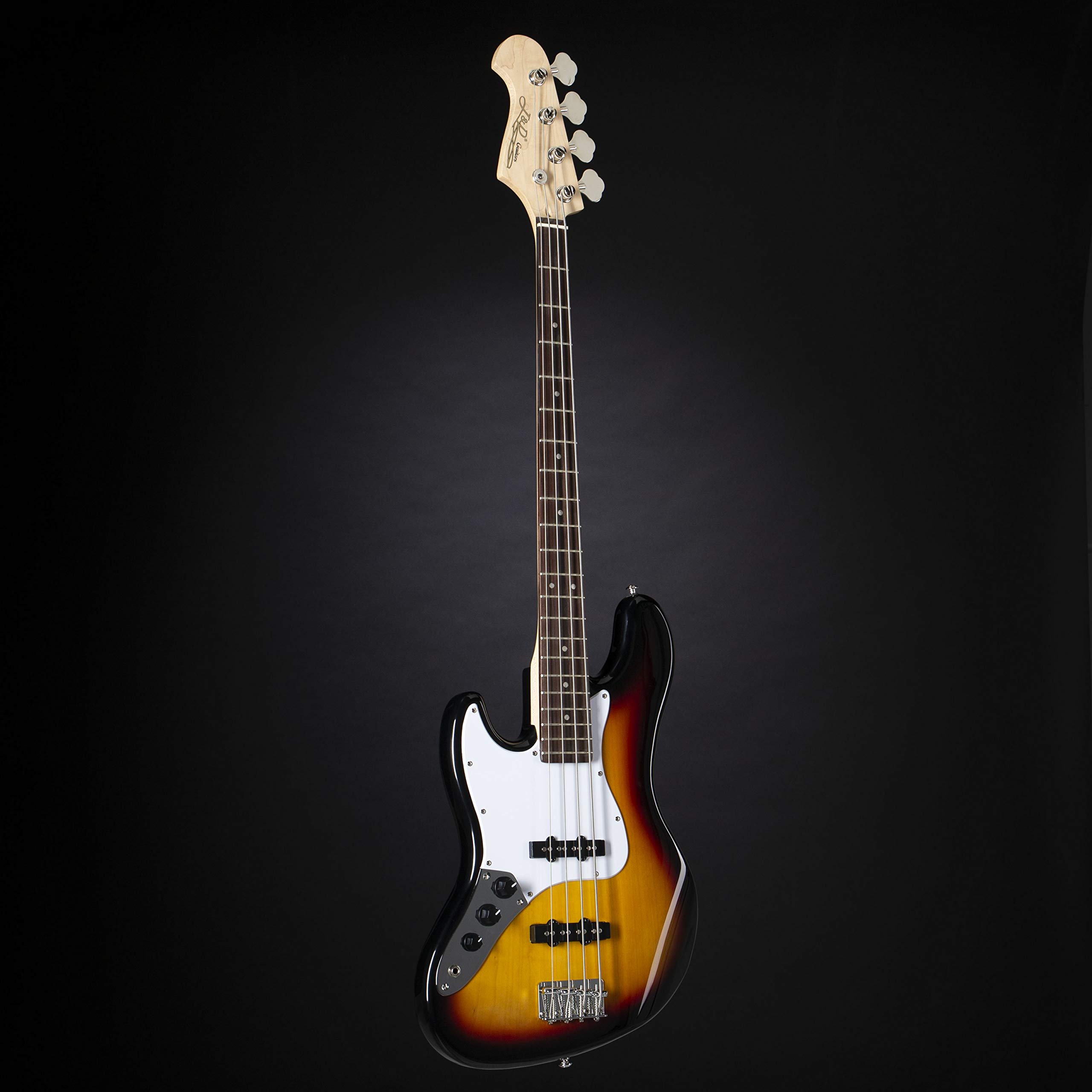 J & D JB E-Bass für Linkshänder, Bass mit Lindenkorpus und geschraubten Ahonhals in sunburst, Bassgitarre mit 2 Single Coils und Vintage-Style Bridge