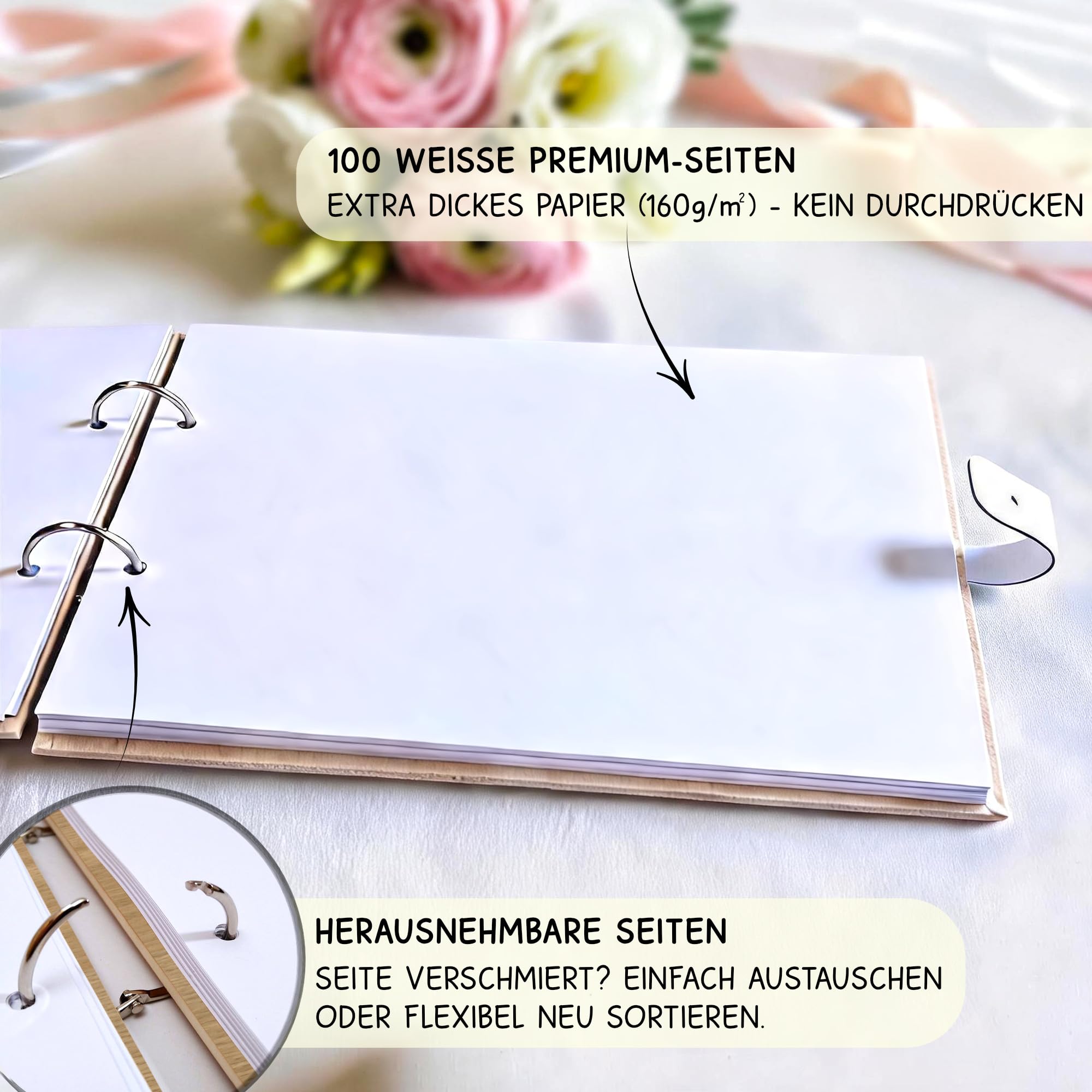 Großes Hochzeitsgästebuch aus Holz mit personalisierter Gravur & Lederverschluss - Edles DIN A4 Hochzeitsbuch mit 100 Seiten | handgearbeitet mit Lederverschluss