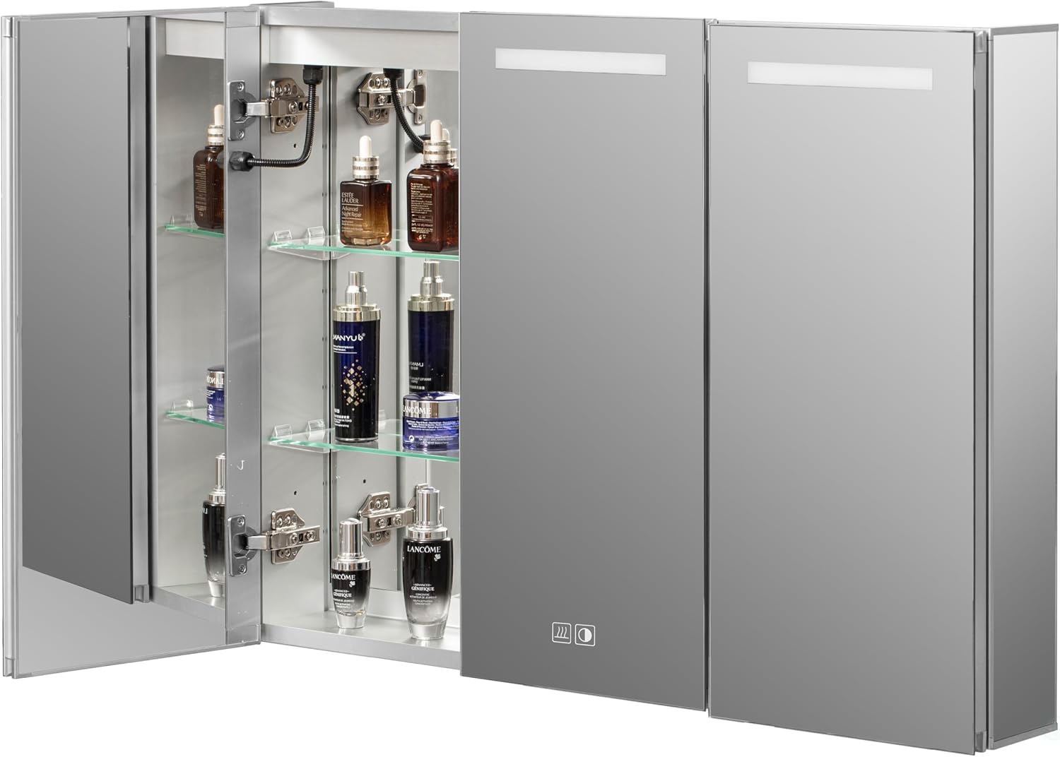 Basicwise 3-Door Versatile Bathroom Medicine Cabinet with Anti-Fog LED Mirror, Waterproof Aluminum, Surface or Recessed Mount, 2 Adjustable Glass Shelves, Wall Cabinet for Bathroom Storage, Silver