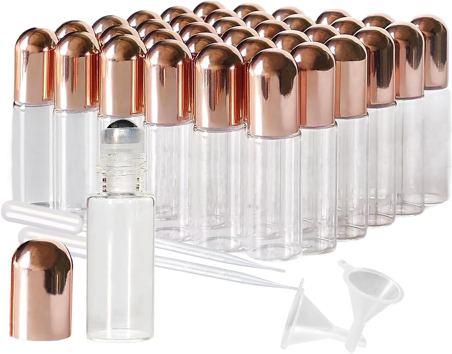 - 36 Pack Essential Oil Roller Bottles 5ml Mini Glass Roll On Bottle with Stainless Steel Roller Balls Sample Vials for Oils,Perfume, Cosmetics(Rose Gold Caps,5ML)