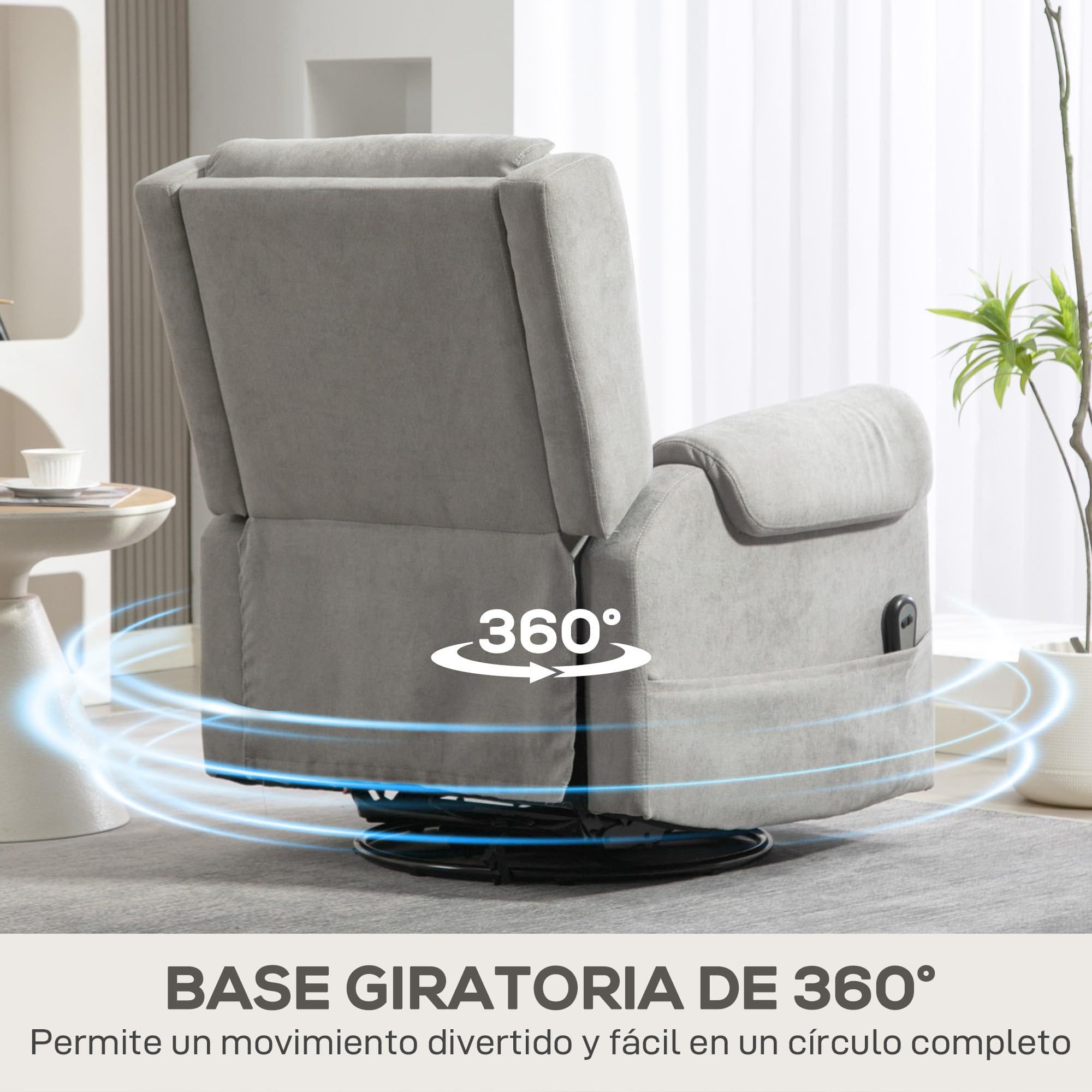 HOMCOM Sillón Relax Reclinable Eléctrico, Sillón Reclinable Giratorio y Balancín con Reposapiés Ajustable, Mando a Distancia, Acolchado Grueso, Tela de Rizo, para Dormitorio, Salón, Gris Claro