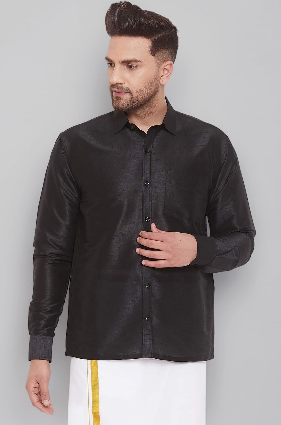 Vastramay Men's Silk Blend Ethnic Shirt | Full Sleeves South Indian Traditional Shirt | Festive, Wedding, Casual Wear