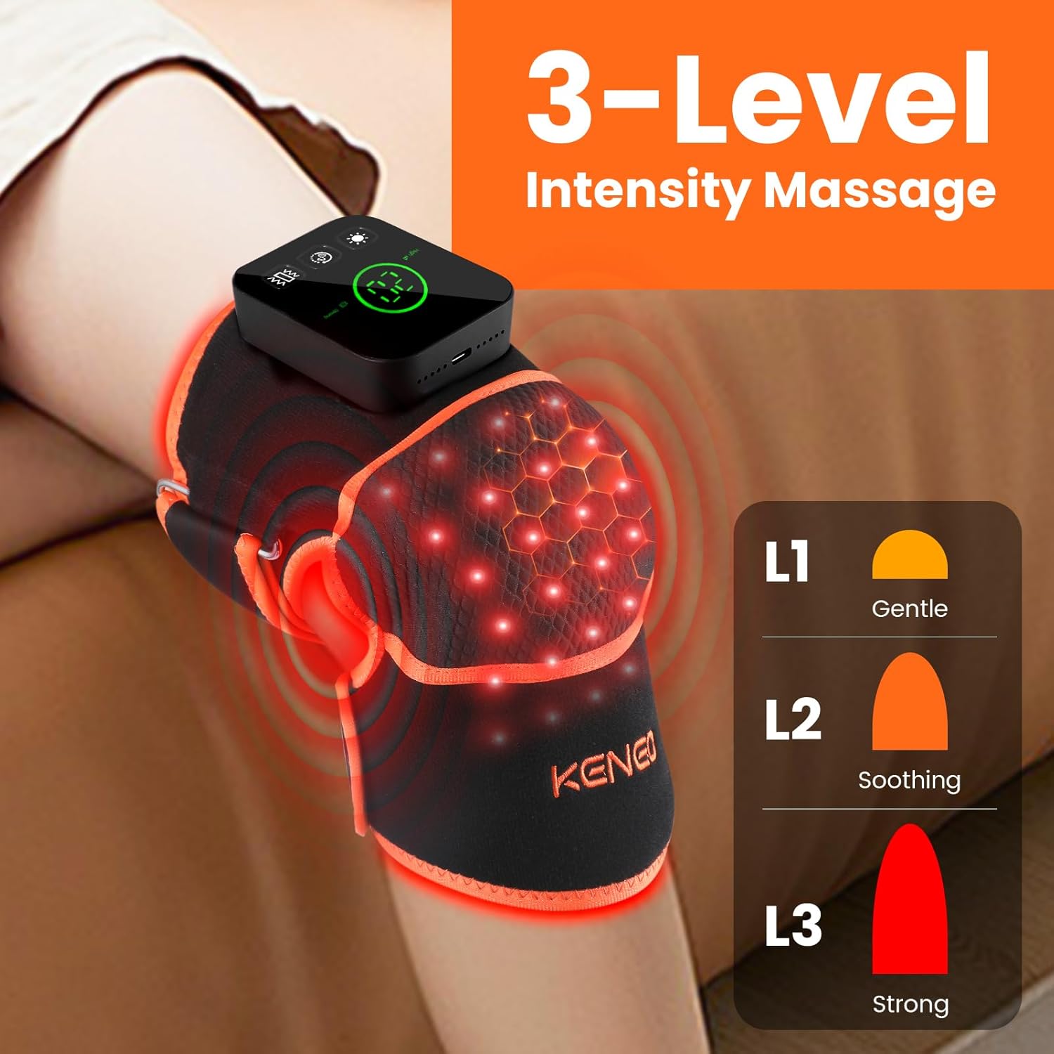 Keneo Red Light Therapy Knee Brace with Vibration Massage - 660nm & 850nm Infrared Light Therapy for Knee Pain Relief, 3 Heat Levels, 3 Massage Modes, Wireless & Rechargeable (New Orange)