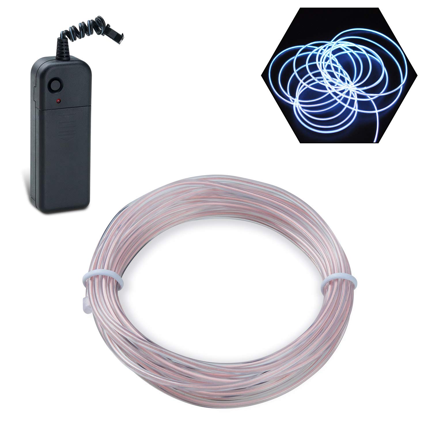Podazz El Wire 9.8ft/3m White, Neon Glowing Strobing Electroluminescent Wire with 3 Lighting Modes, Battery Operated El Light for Halloween Decor, Parties, Xmas Tree, Cosplay, Car Bar Decor