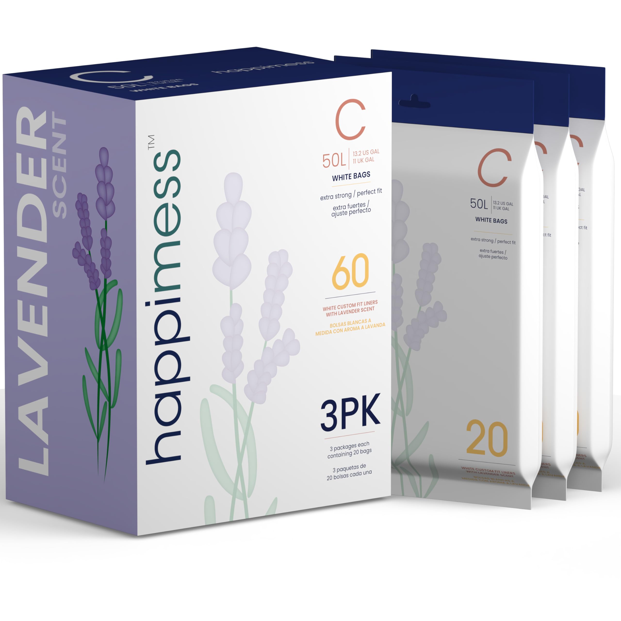 happimess White (Lavender Scented) / 60 Count (Pack of 1) / 13.2 Gallon Trash Bags