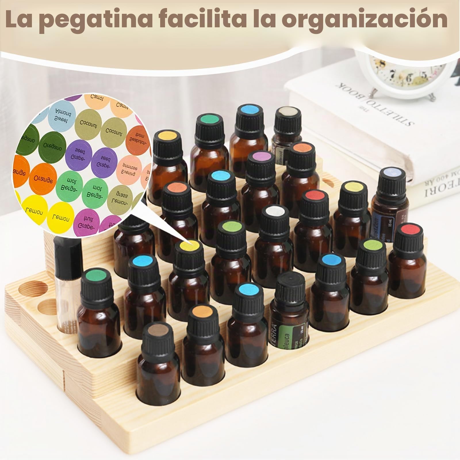 Soporte de Madera de Almacenamiento de Aceite Esencial de 30 Ranuras - Organizador Estante de Almacenamiento 5-15ml de Botellas de Aceites Esenciales y Perfume Presentación