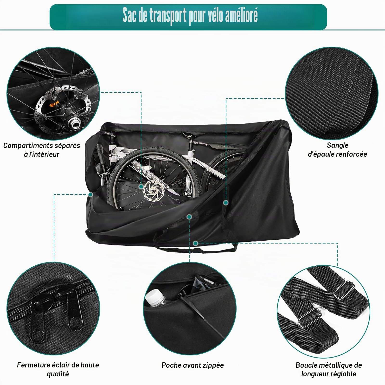 Sac de Transport 900D Étanche pour Vélo 24-29 Pouces avec Bandoulière - pour VTT, Vélo de Route et Pliable