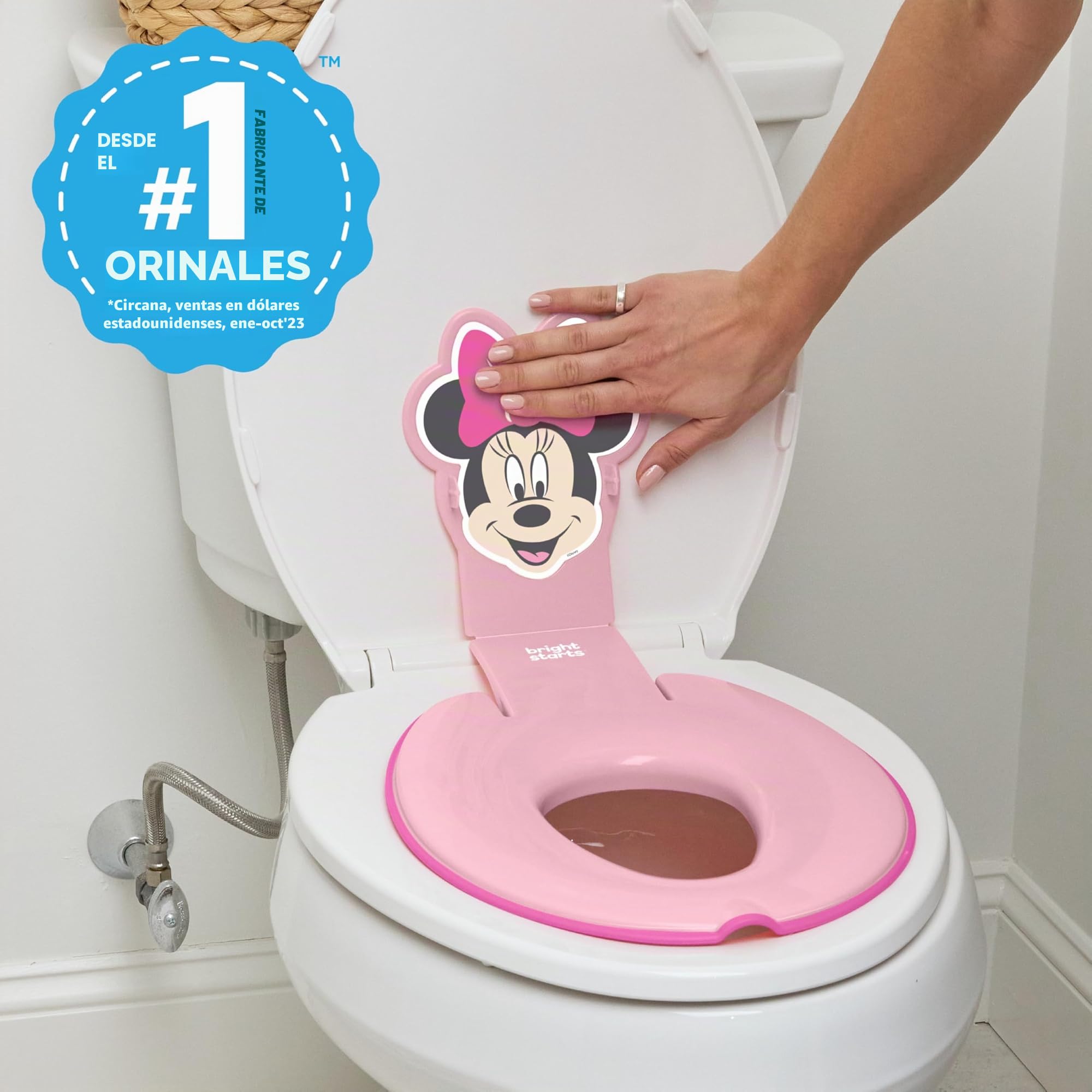 Bright Starts, Disney Baby Minnie Mouse Adaptador WC Niños, Reductor WC Niños con Asas Antideslizantes, Fácil de Montar, Para Niños Desde 18 Meses, Rosa