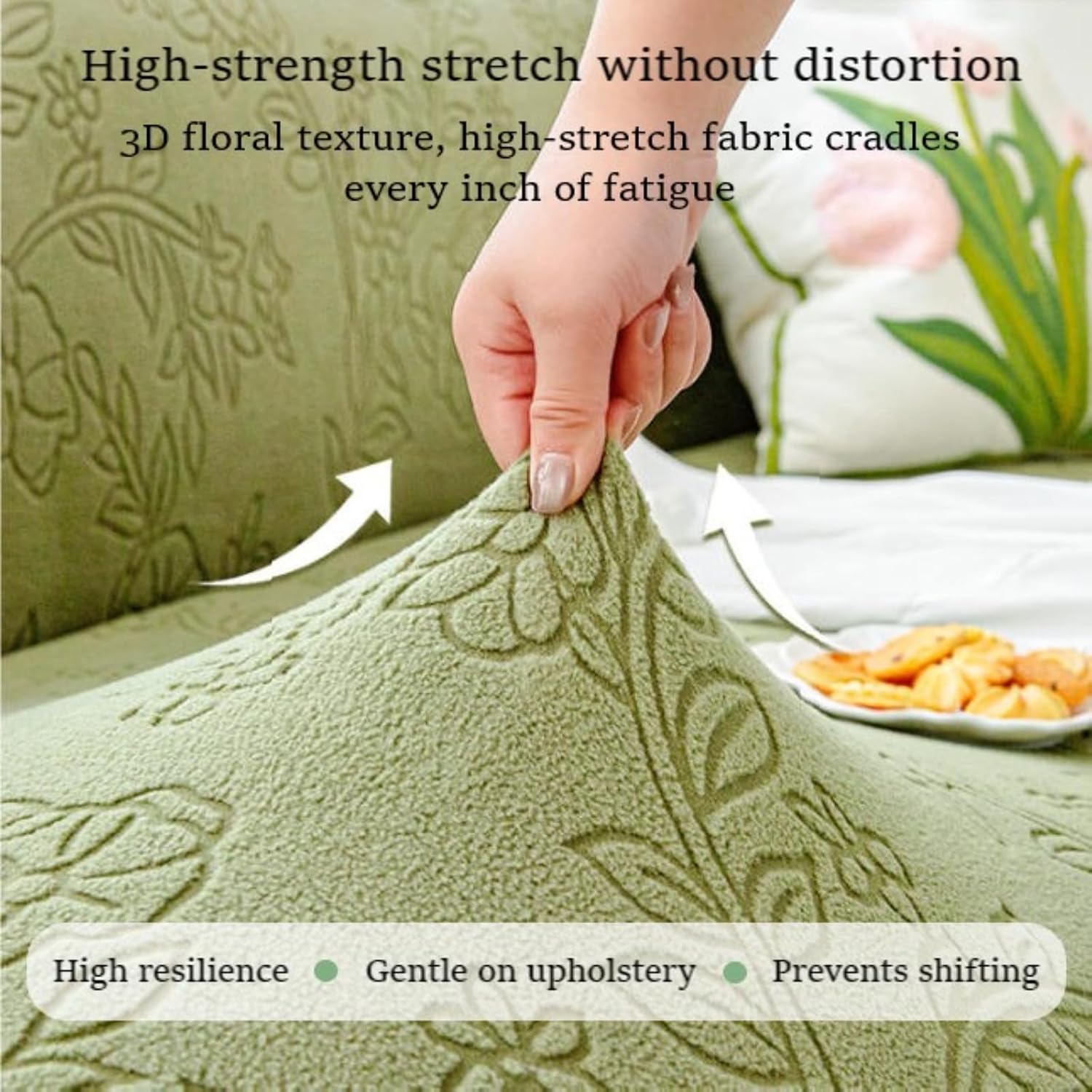 Couch Covers with Lace Ruffle Skirt for More Seater Sofas, Floral Texture Sofa Slipcovers Stretch Seat Cushion Covers Furniture Protector Cream 【Fits 365-430cm】